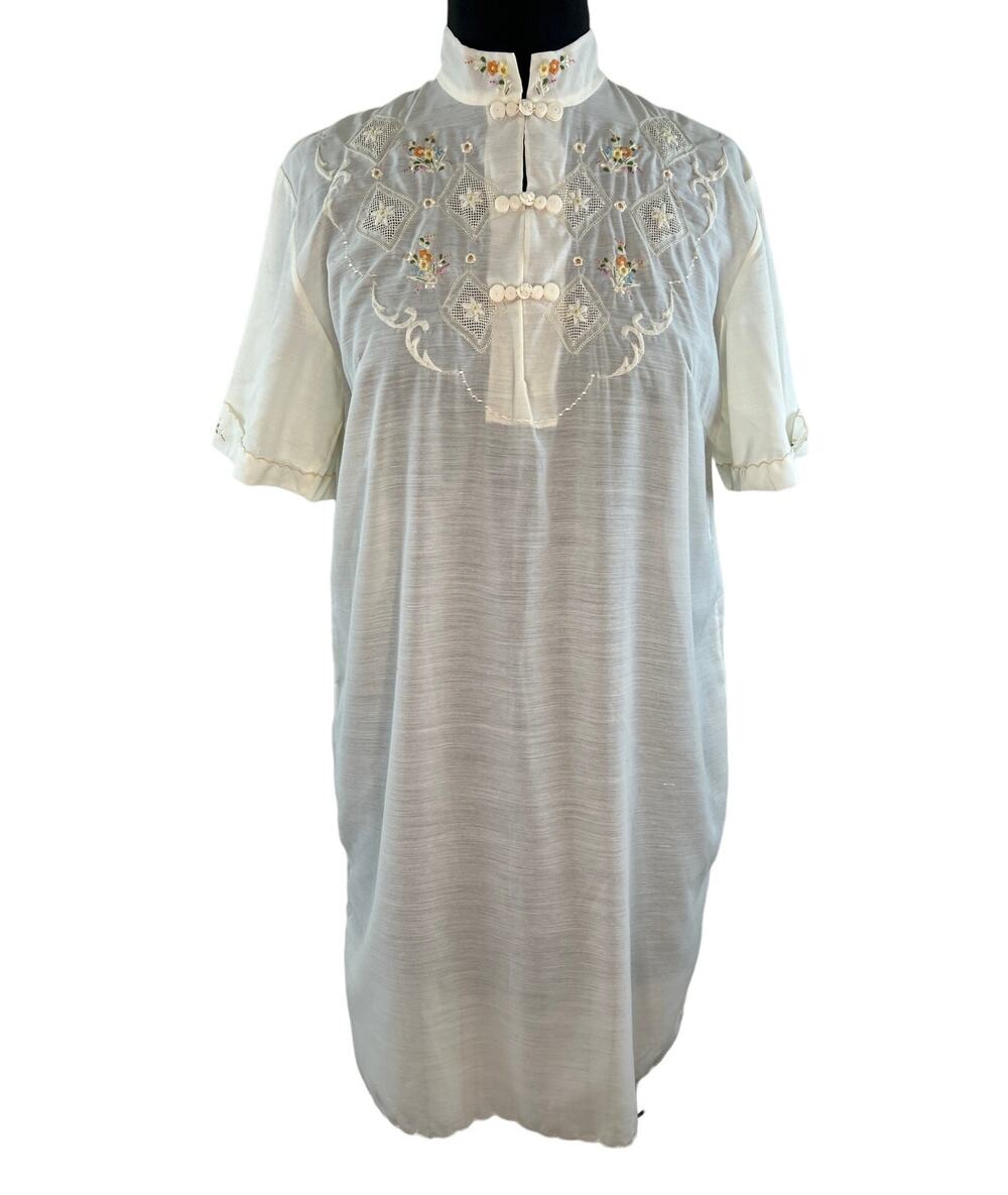 Vintage Lily White Embroidered Floral Short Sleeve Cotton Blend Shift Dress Sz M